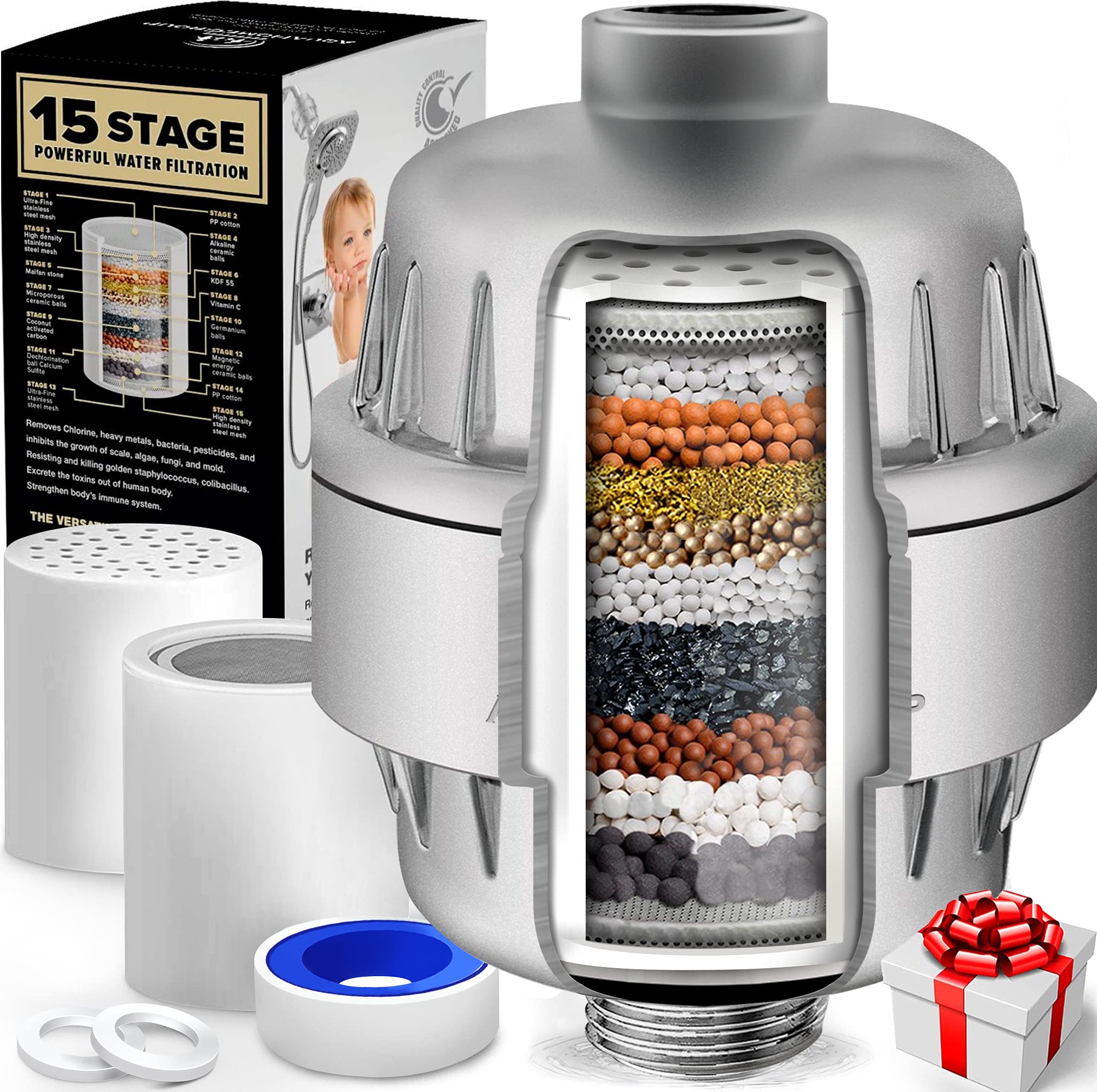 AquaHomeGroup 15 Stage Shower Filter with Vitamin C for Hard Water - High Output Shower Water Filter to Remove Chlorine and Fluoride - 2 Cartridges Included -Consistent Water Flow Showerhead Filter