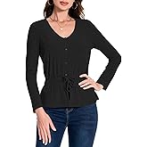 Womens Babydoll Tops V Neck Peplum Ribbed Long Sleeve Shirts Elastic Waist Ladies Tunics Dressy Casual Outfits