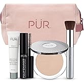 PÜR Minerals Multitasking Essentials Kit - Makeup Gift Set Includes 4-in-1 Correcting Primer, Fully Charged Mascara, 4-in-1 Pressed Mineral Powder & 1 Chisel Brush