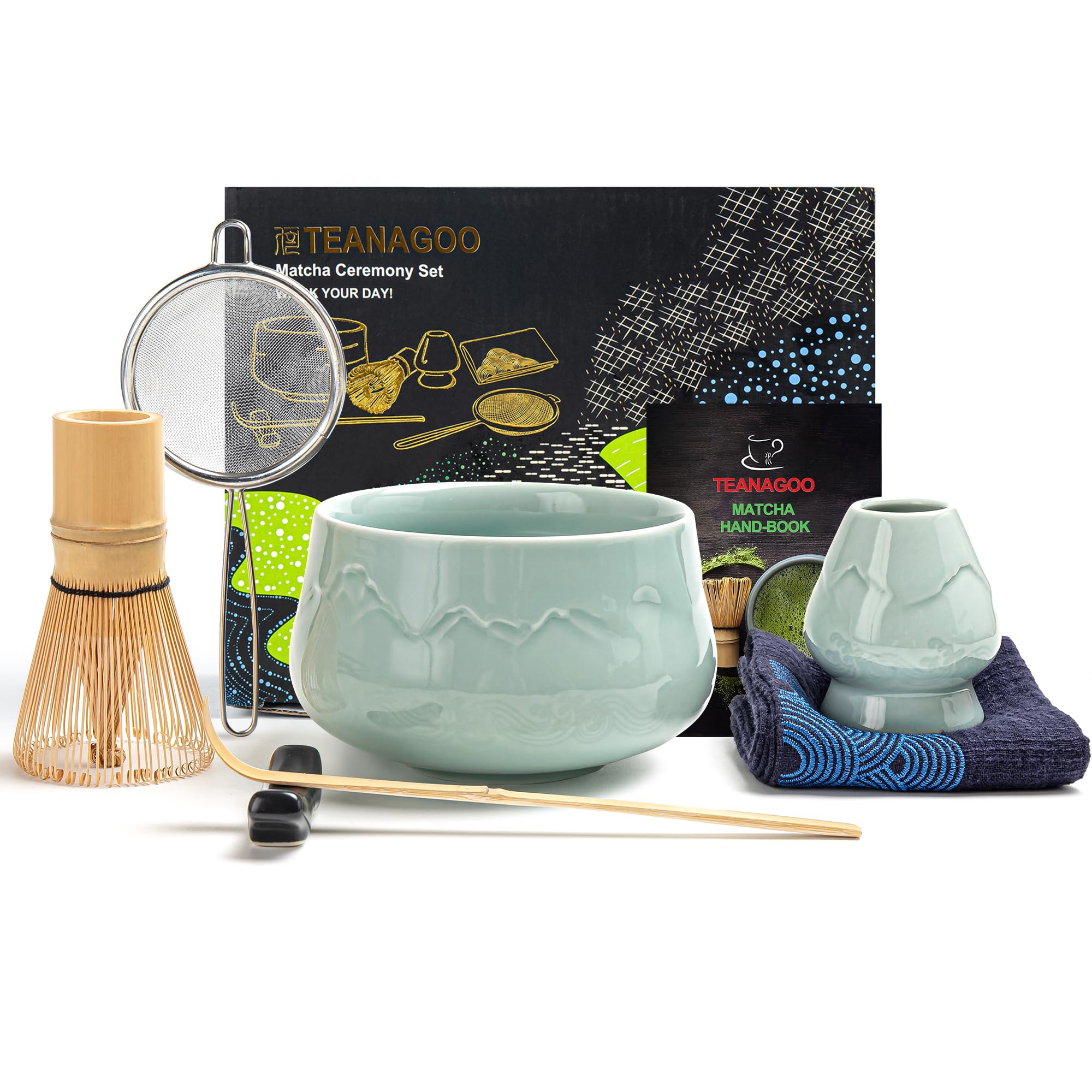 TEANAGOO Matcha Set (7pcs) Matcha Whisk Mtacha Kit Matcha Bowl with Pouring Spout Bamboo Matcha Whisk (Chasen) Scoop (chashaku) Whisk Holder. N26, Celadon Blue, Matcha Green Tea Powder…