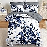 Nesker Comforter Set Full Size, Spring Floral Navy Blue 7 Pcs Bedding for Kids and Adults, Flower Modern Classic Bed Sheet Sets with Fitted Sheet 2 Pillowcases & 2 Shams