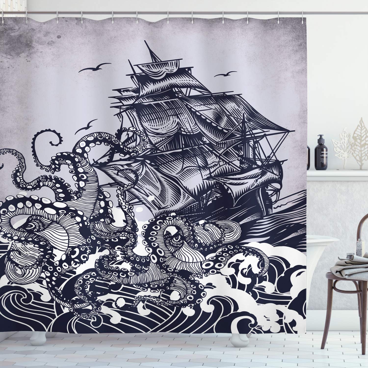 ABAKUHAUS Nautical Shower Curtain, Kraken Octopus Tentacles Ship Sail Old Boat in Ocean Waves, Cloth Fabric Bathroom Decor Set with Hooks, 94 Inches, Indigo Purpleblue — image 1