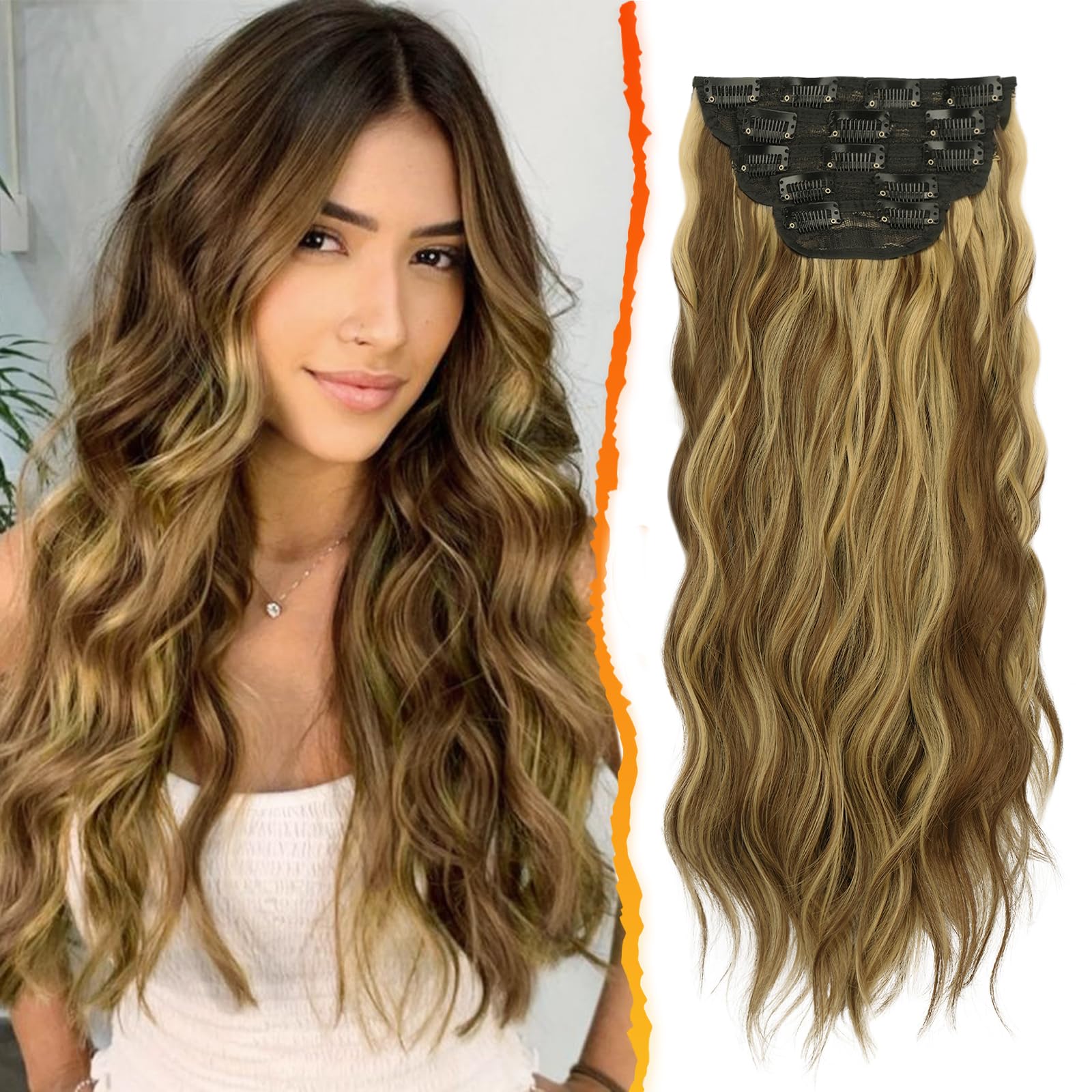 BARSDAR Clip in Hair Extensions, 5PCS Long Wavy Hair Extensions Clip in Thick Natural Soft Synthetic Hairpiece for Women Girls-18", Golden Blonde With Tobacco Blonde Highlights
