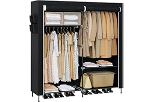 CASAMAYA Portable Closet, 61.8 Inch Large Capacity Wardrobe Closet with Cover, Clothes Storage Organizer with Shelves and 2 Hanging Rods, Easy to Assembly, Black PCT222B01