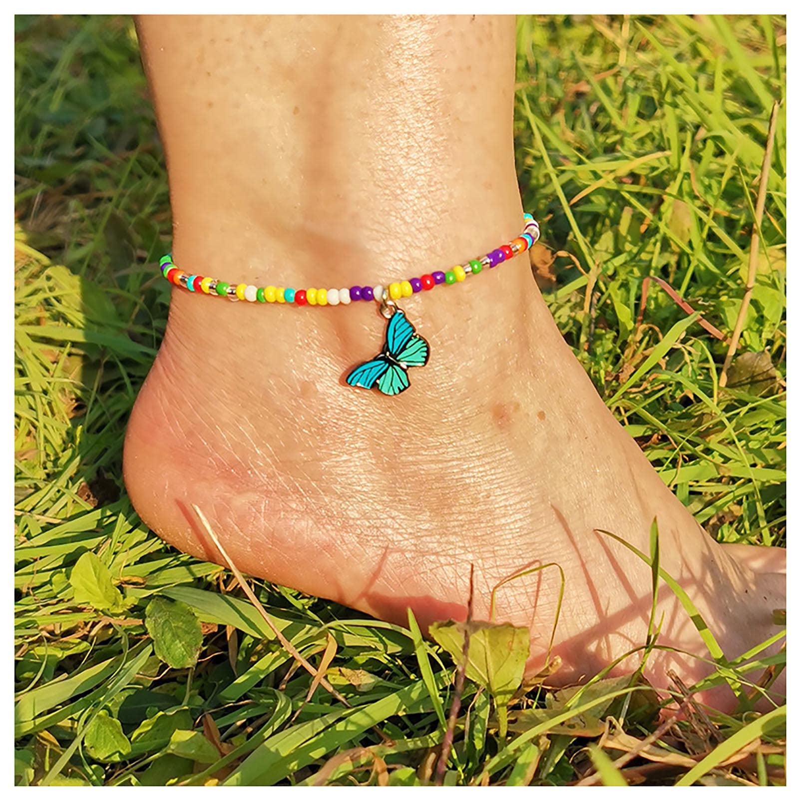 Butterfly Bohemian Anklet Bracelet Colorful Beads Foot Chain Beach Barefoot Sandal Jewelry for Women Girls Teens (Multi-Colored A)