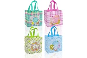 Jaywayang 4Pcs Easter Non-woven Bags with Handle, Happy Easter Gift Bags for Kids, Reusable Easter Goodie Bags with 20 pcs Tattoo, Rabbit Bunny Treat Bag, Egg Hunt Game, Easter Party Supplies.