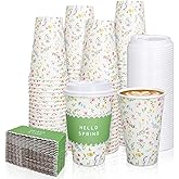 Whaline 50Pcs Floral Disposable Coffee Cups with Lids and Sleeves 16Oz Colorful Hello Spring Flower To Go Paper Cups for Spring Birthday Baby Shower Holiday Table Decor Party Supplies