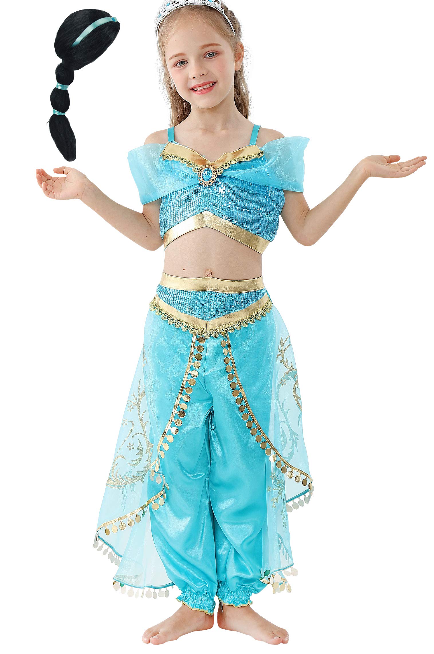 Lito Angels Arabian Princess Jasmine Fancy Dress Up Costume with Wig for Kids Girls Belly Dance Party Outfit Age 8-9 Years, A