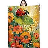 Ladybug Throw Blanket for Adults Kids, 50x60 in, Garden Theme Flannel Blankets for Bedroom, Couch, Travel, Home Decor, Fuzzy Soft Cozy Warm Gifts