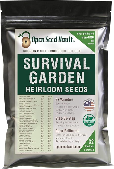 Survival Garden Vault with 32 varieties and moisture proof resealable bag