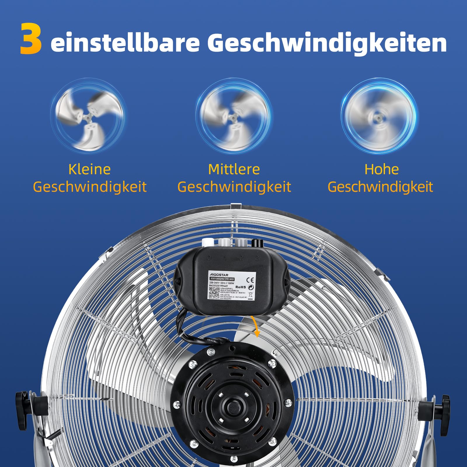 Aigostar Clover – XXL 54cm Retro Windmaschine, Starker Ventilator Groß, Bodenventilator mit Metall Chrom, Neigbarer Kopf (120°), 3 Stufen, Leise Standventilator, Industrie Ventilator 100 Watt, Silber 5