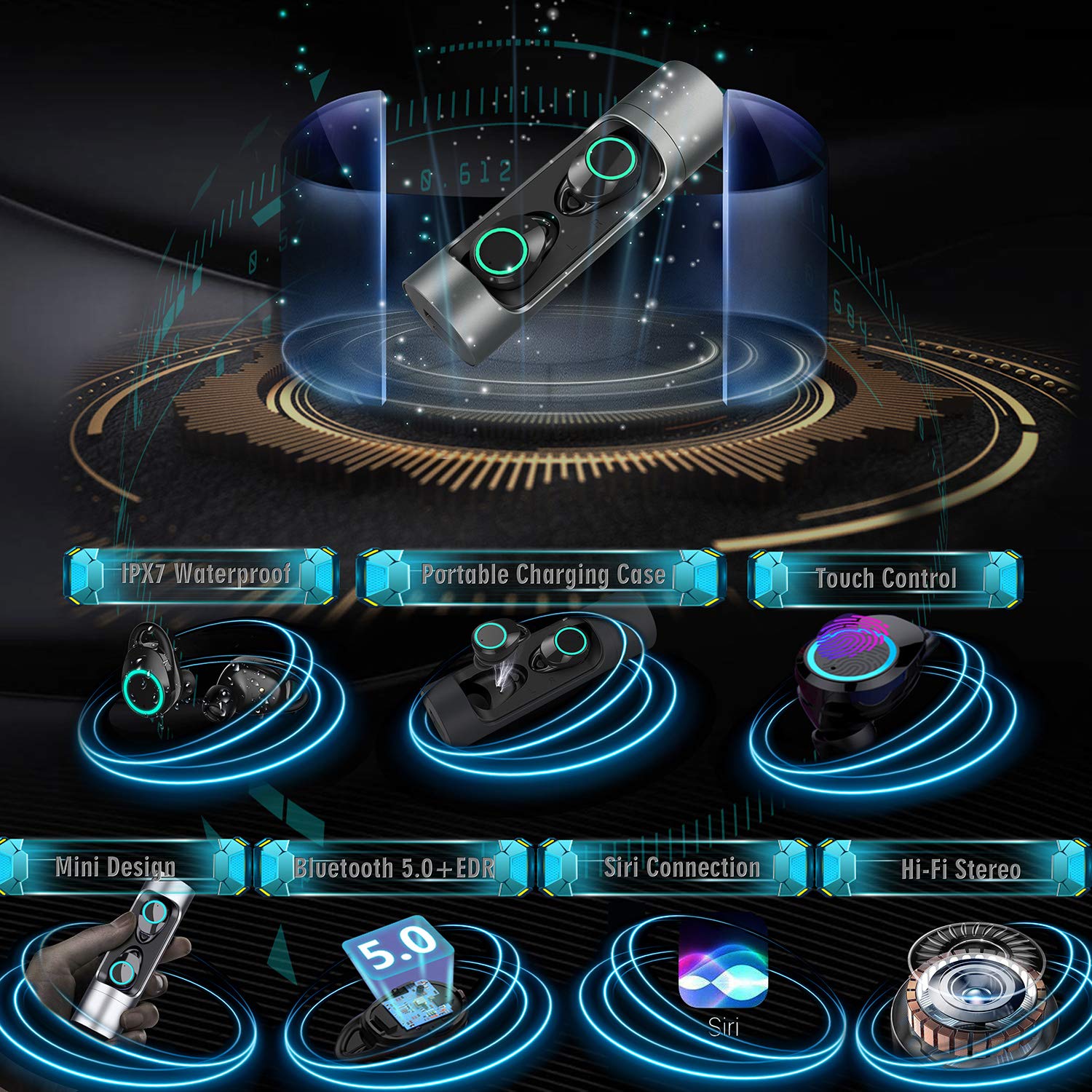 True Wireless Earbuds, Bulife TWS Bluetooth 5.0 Headphones, in-Ear Stereo Wireless Earphones, Deep Bass 3D Stereo Sound Headset for Running Sports,Portable Charging Case