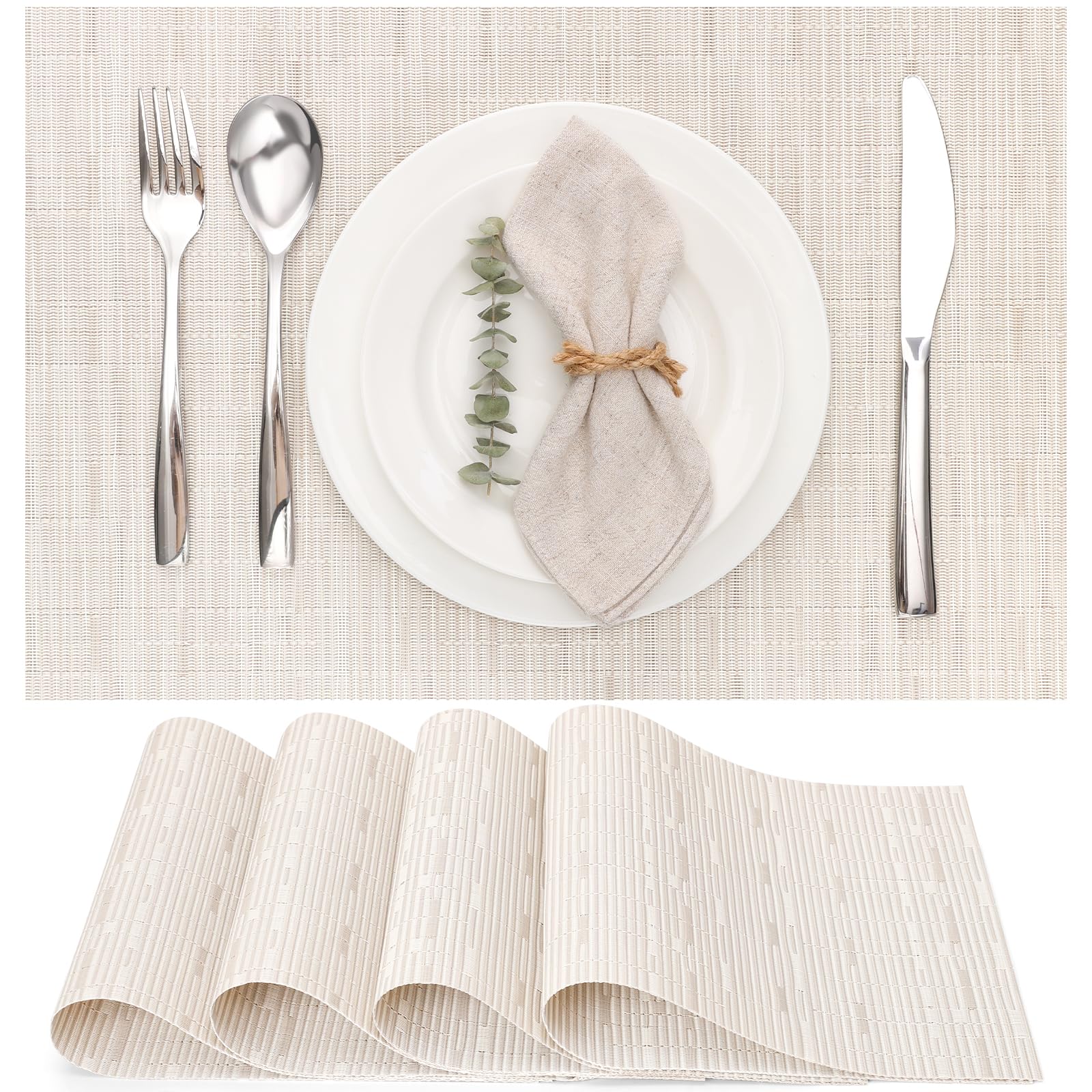 Myir JUN Table Mats Set of 6, Place Mats Table Placemats Washable Non-slip Heat Insulation Woven Vinyl for Kitchen Dinning Restaurant 17"X12" (Beige)