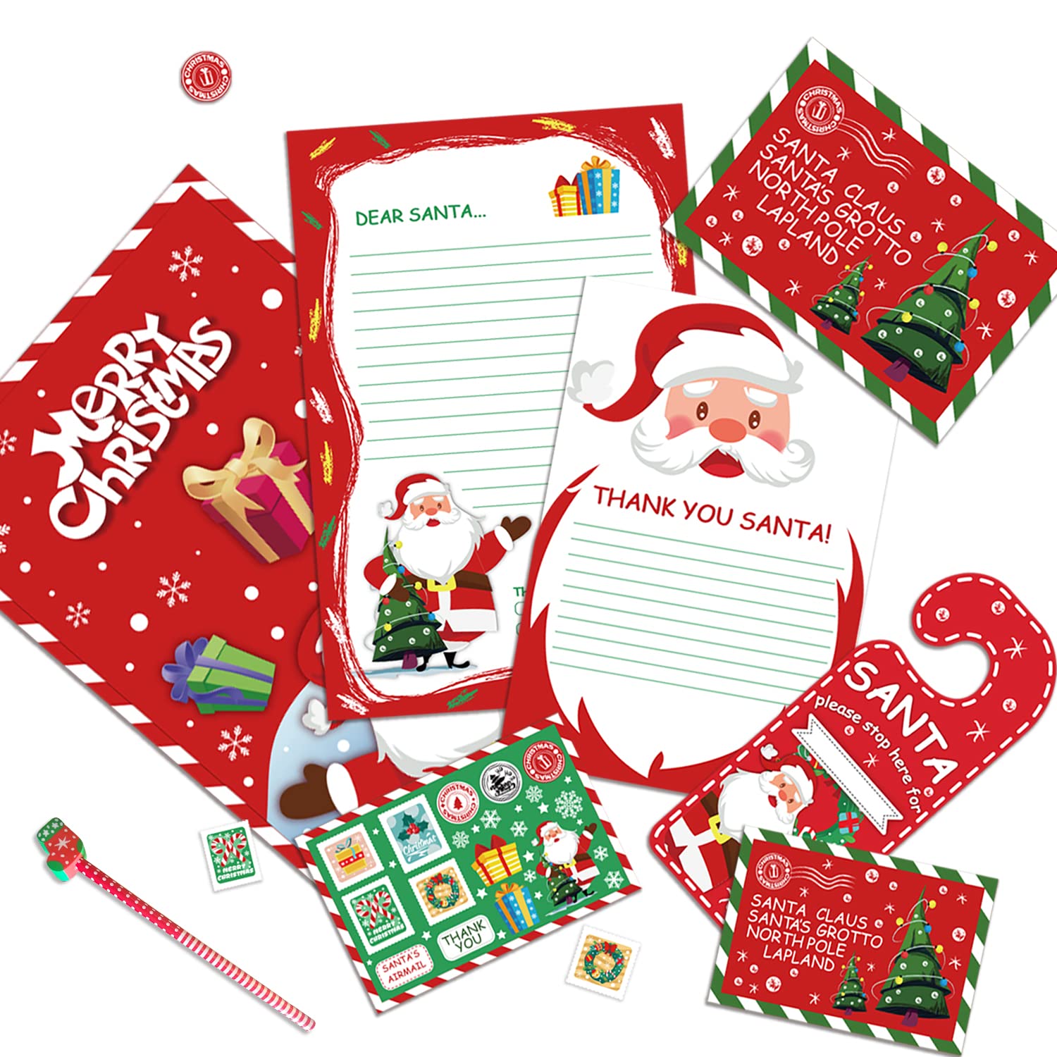 VEYLIN 8PCS Christmas Letter to Santa Kit,Letter to Santa Pack with Pencil Eraser Stickers Envelope for Kids