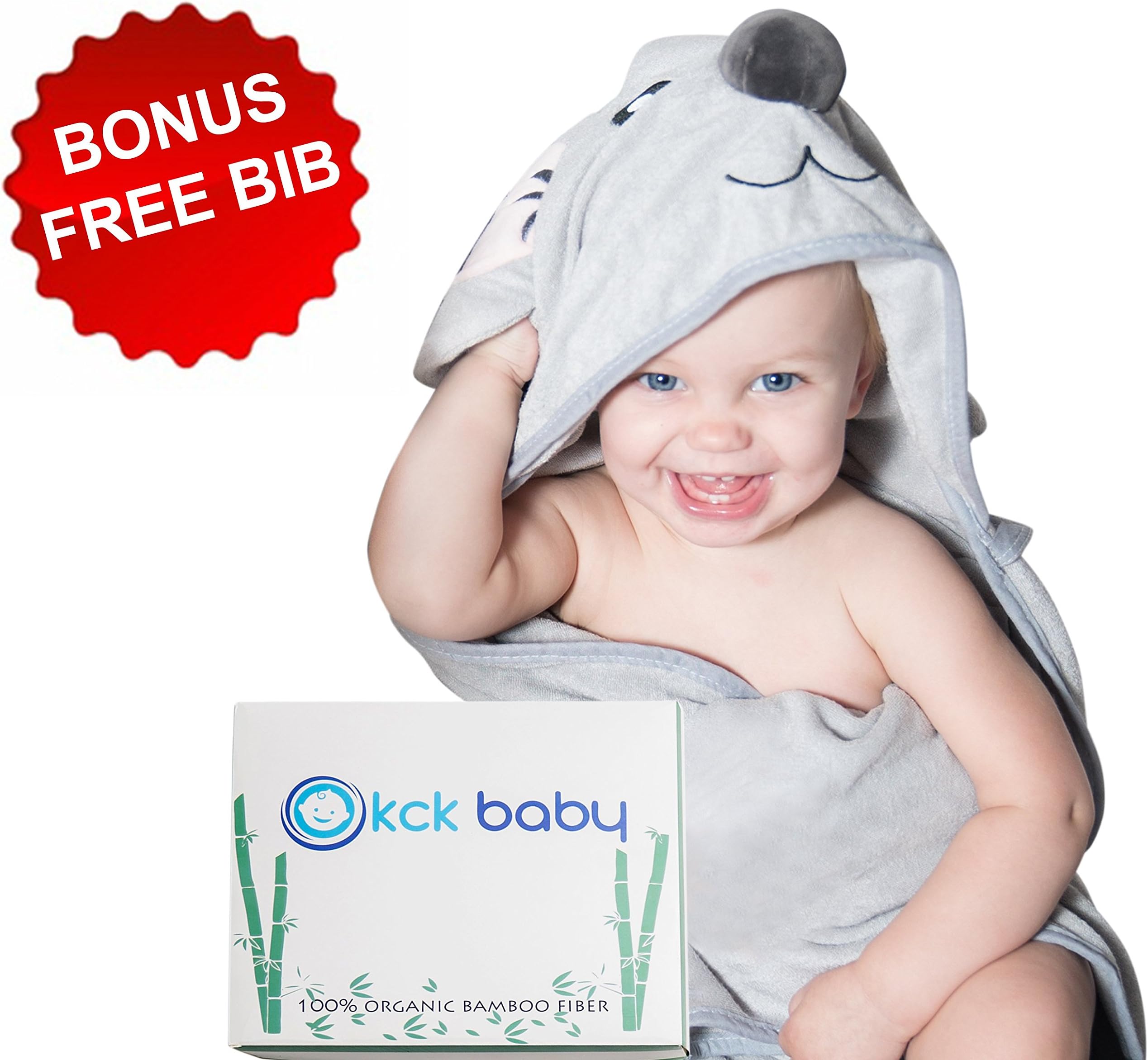 Bamboo Hooded Towel for Kids Babies & Toddlers + Bib Set | 100% Organic & Hypoallergenic | Extremely Soft | Gray Color With Adorable koala Desgin | 34"x34" by kck baby