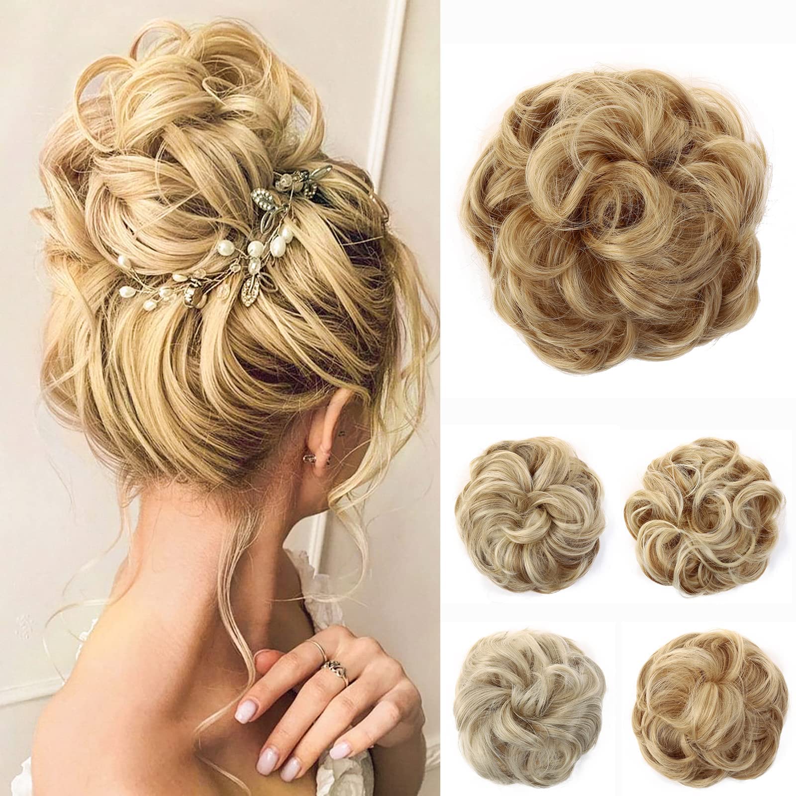 JJstar Messy Hair Bun Curly Wavy Hair Scrunchies Accessories Pieces for Women Girls Synthetic Chignons (Natural Blonde)