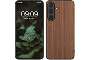 kwmobile Real Wood Case Compatible with Samsung Galaxy S25 FE Case - Hard Wooden Cover w/TPU Bumper - Dark Brown