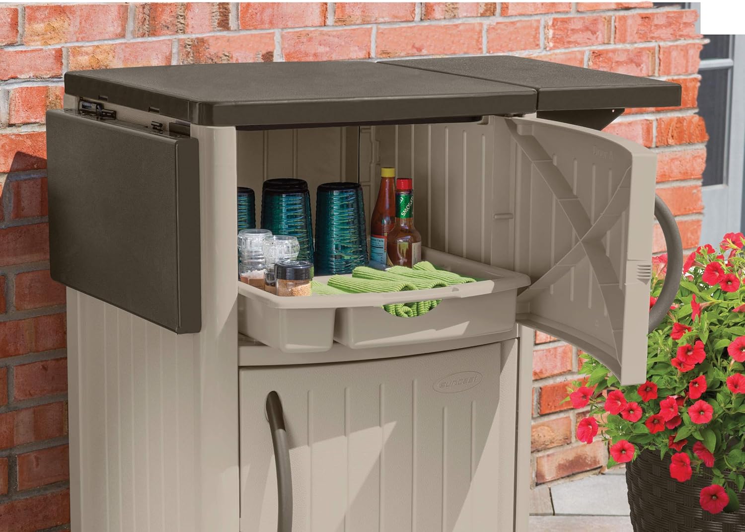 Suncast Outdoor Grilling Prep Station - Portable Outdoor BBQ Entertainment Storage Table Prep Station - Store Grilling Accessories, Condiments - Java: Garden & Outdoor