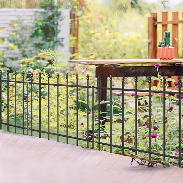 FOREHOGAR DECORATIVE METAL GARDEN FENCE 24 IN H X 10 FT L, BORDER FENCE PANELS ANIMAL BARRIER FOR DOGS, NO DIG GARDEN FENCING FOR YARD PATIO FLOWER BED LAWN OUTDOOR 5 PANELS + 6 STAKES BLACK