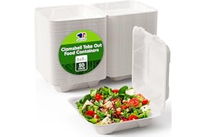 JOLLY CHEF Clamshell Take Out Food Containers, [8 * 8" 50-Pack] To Go Containers Disposable, Sugarcane To Go Box for Thanksgiving, Salad,Lunch