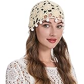ZLYC Women Cotton Crochet Skull Cap Handmade Knit Cutout Floral Beanie Hat