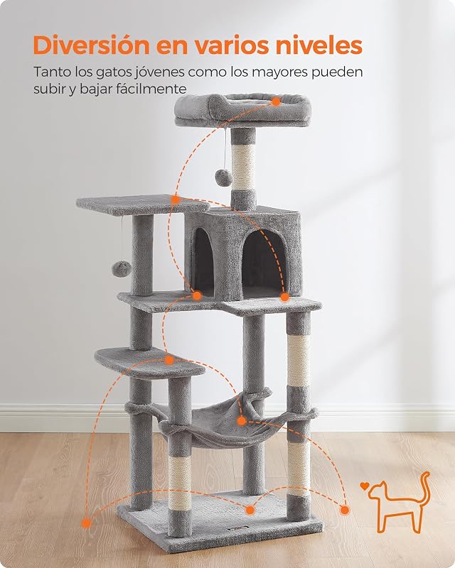 Árvore para gatos, altura 143 cm, torre para gatos, com 4 arranhadores, 2 plataformas, 1 gruta, 1 rede, 2 pompons, tecido felpudo, multinível, cinzento claro PCT161W01