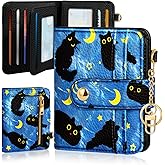 Bistup Wallet for Women Cute Small Card Wallet Genuine Leather Rfid with Keychain for Ladies Teen Girls Female Girly Aesthetic Blue Black Cat Unique Kawaii Pretty Modern Bifold Credit Card Holder
