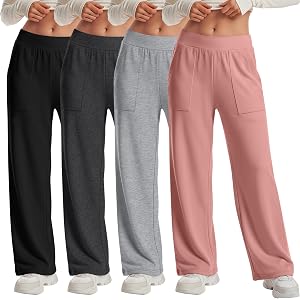 Hyggeweir 4 Pack Girls' Wide Leg Pants | Youth, Elastic Waist, Baggy, Casual, Sweatpants, with Pockets, Multipack, for Teen B