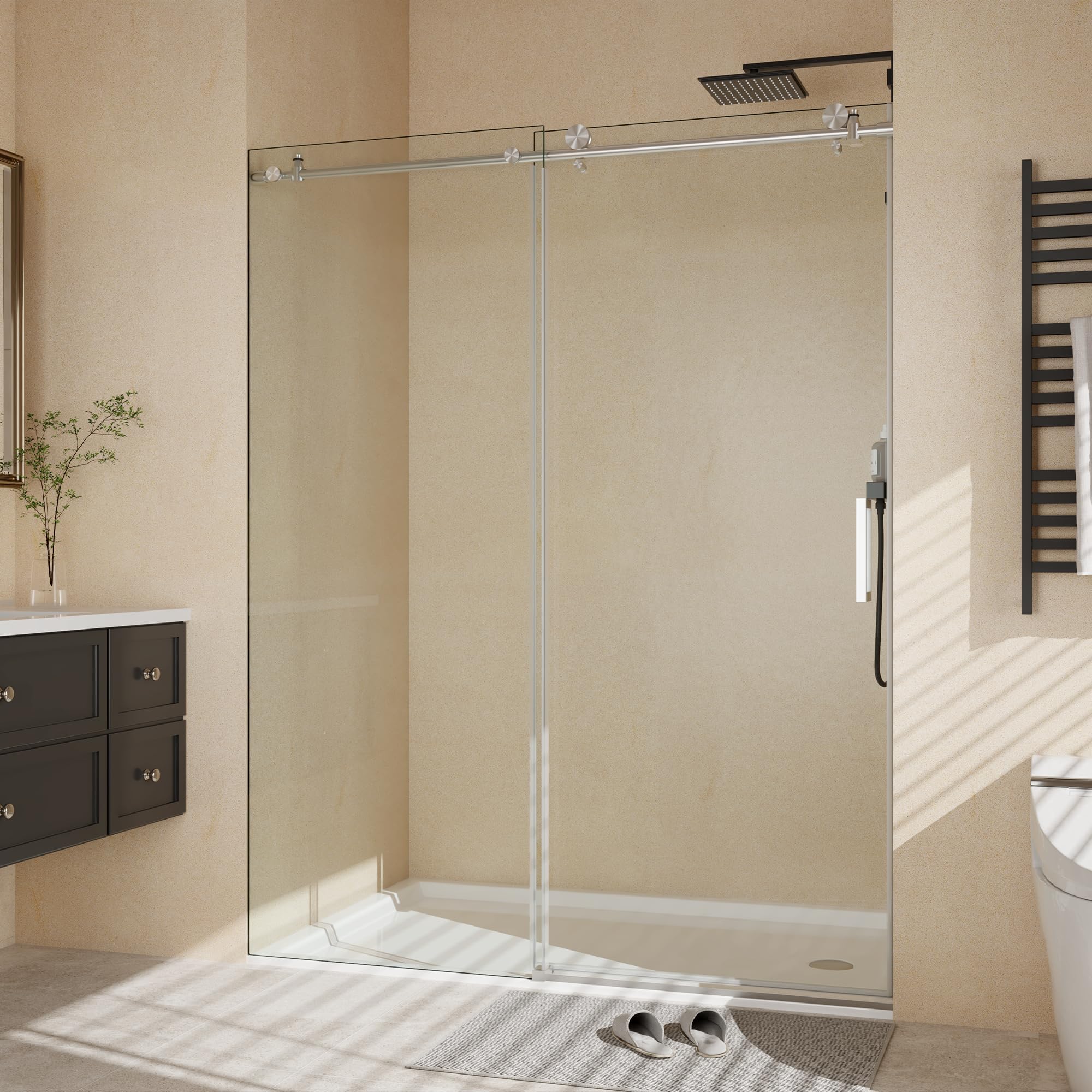 Sliding Shower Door 44-48 inch W×76 inch H, Round Stainless Steel Rail, 6mm Coated Tempered Glass, One Fixed & One Sliding Panel, Brushed Nickel Finish, Easy-Clean Frameless Shower Door