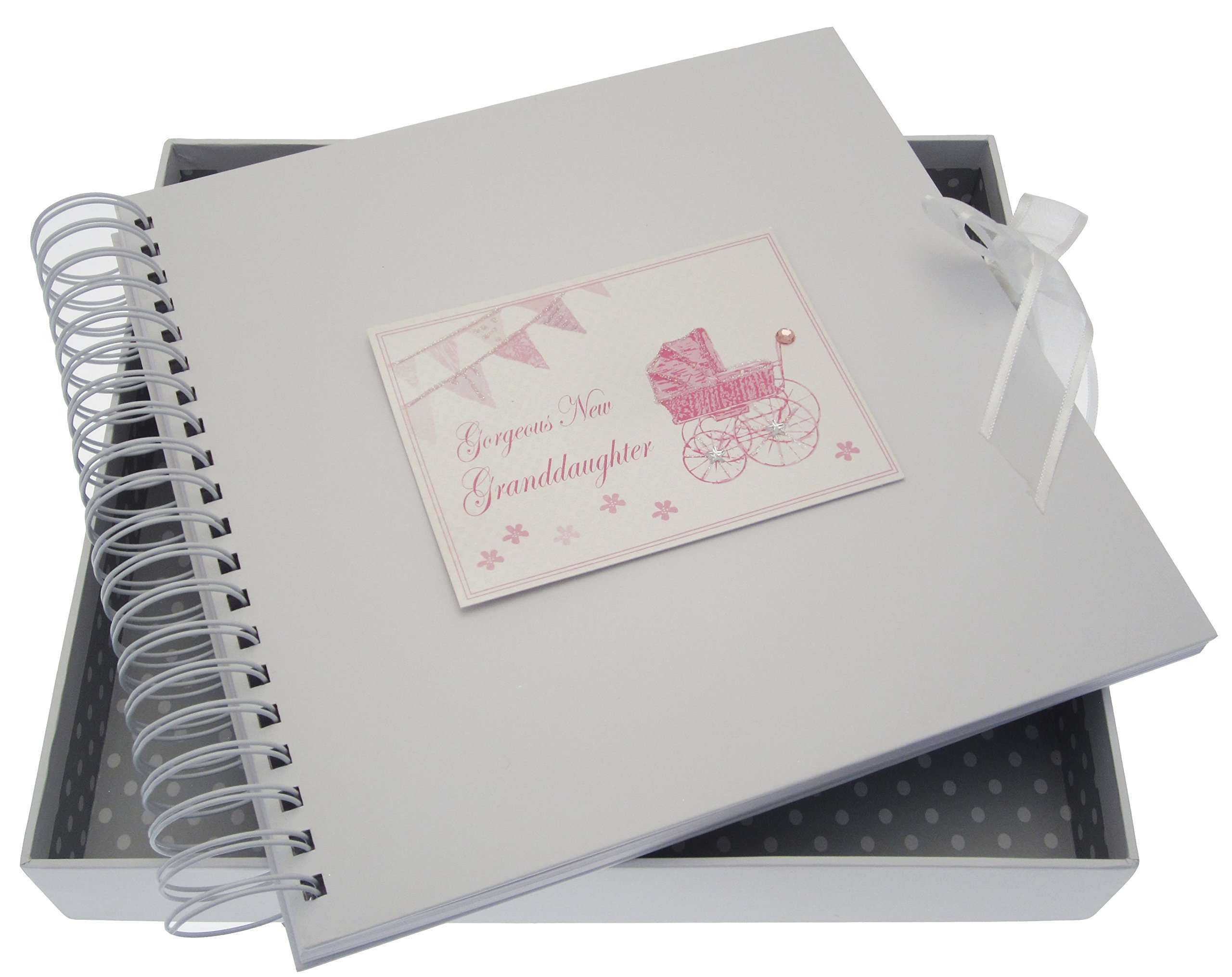 White Cotton Cards New Granddaughter Card/Memory Book (Pink Pram and Bunting)