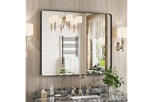 JISOSO Black Bathroom Mirror, 36x30 Inch Rounded Rectangle Matte Framed Wall Mounted Mirror, Bathroom Vanity Mirror, Tempered Glass, Anti-Rust, Horizontal/Vertical