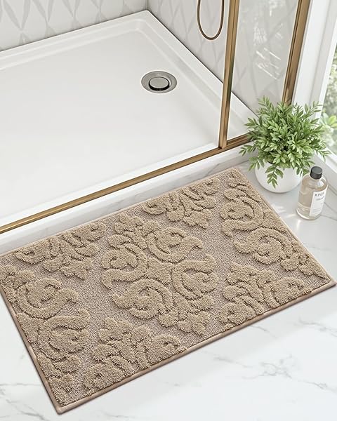 DEXI BATHROOM RUG 24X36, NON SLIP WASHABLE BATH MAT FOR SHOWER FLOOR, ABSORBENT SOFT BATHMAT WITH RUBBER BACKING, PLUSH FLUFFY MICROFIBER FLORAL RETRO CARPET, BEIGE