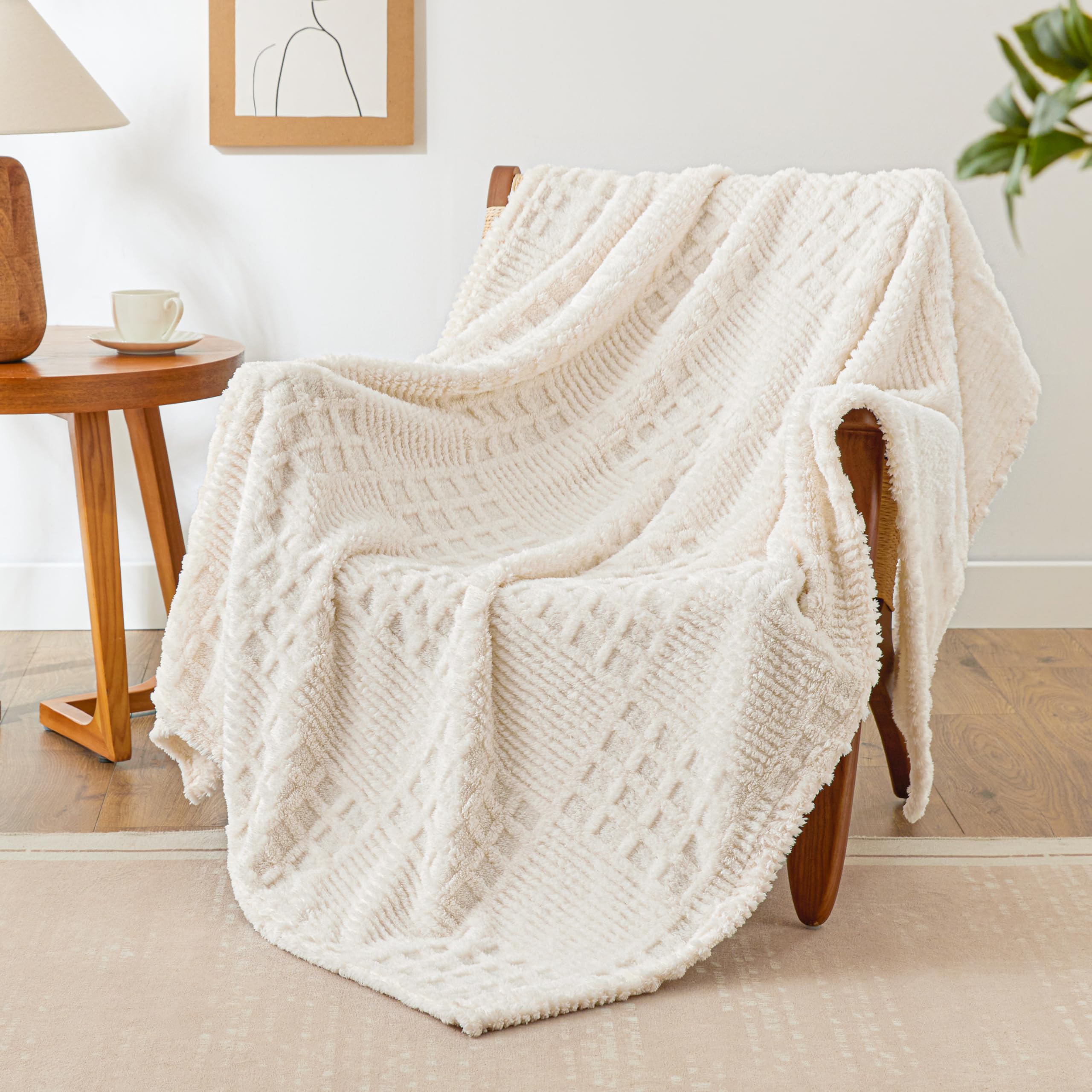 Photo 1 of EXQ Home Fleece Throw Blanket for Couch or Bed - 3D Waffle Patchwork Pattern Jacquard Decorative Blankets - Cozy Soft Lightweight Fuzzy Flannel Blanket Suitable for All Seasons(50"×60",Beige)