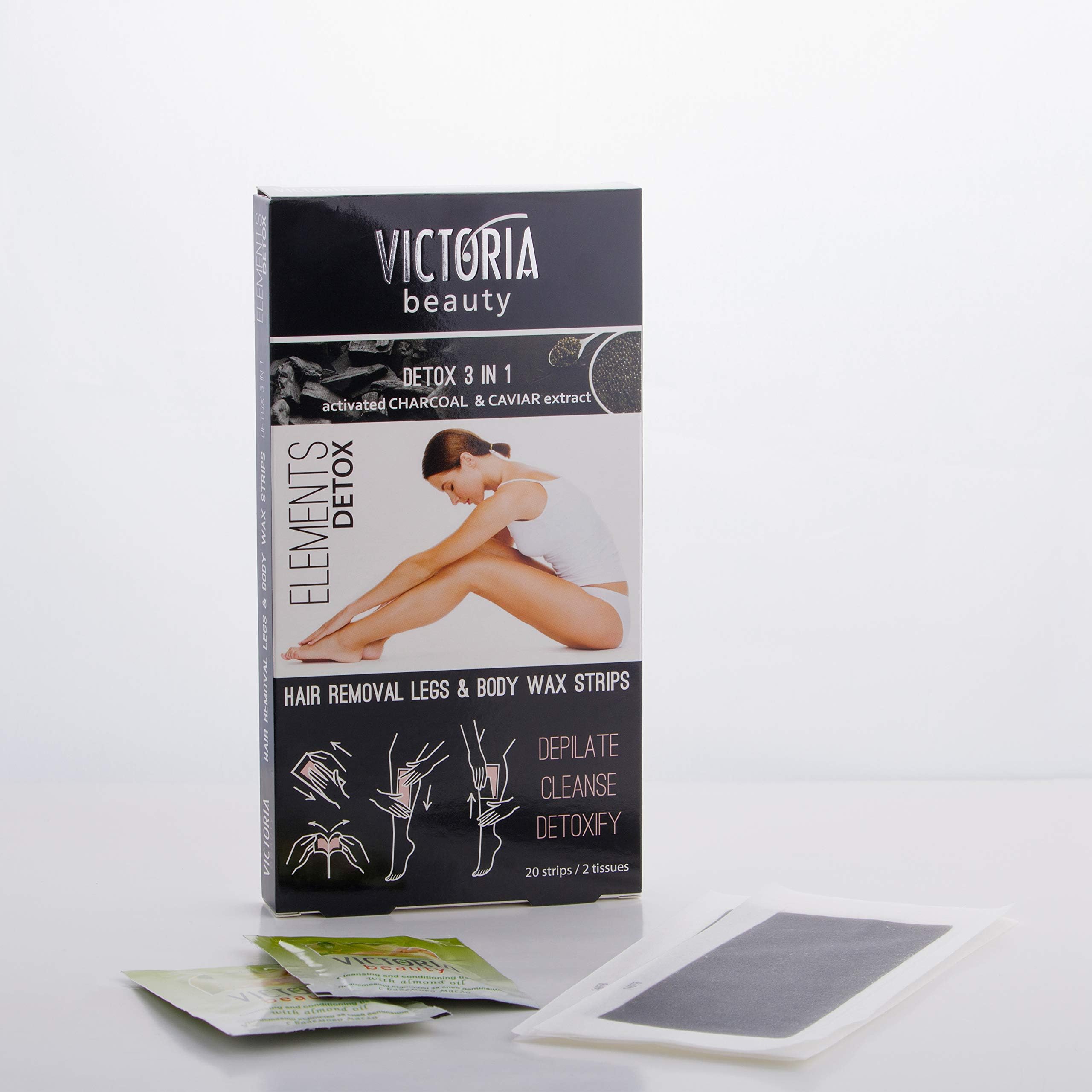 Victoria BeautyHair Removal Legs and Body Wax Strips with Activated Charcoal 20 pcs + 2 wipes