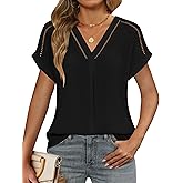 IWH Women's Summer Short Sleeve Tops Business Dressy Casual V Neck Blouses Office Work Dress Flowy Shirts