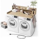 Washer Dryer Countertop 54''W Laundry Topper for Folding Clothes, Oak | 2-Tier laundry countertop with power outlet, raised edge, non-slip pads, metal hooks and storage basket
