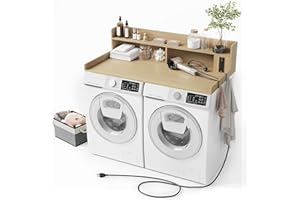 ZYKZYK Upgraded 2-Tier Washer and Dryer Countertop with Power Outlet,54" W x 27.6" D Large Laundry Countertop for Fold Clothes, Laundry Topper with Non-Slip Pads & Metal Hooks and Storage Basket