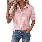 Rapbin Womens Short Sleeve Button Down Shirts Casual V Neck Collared Blouses Work Tops