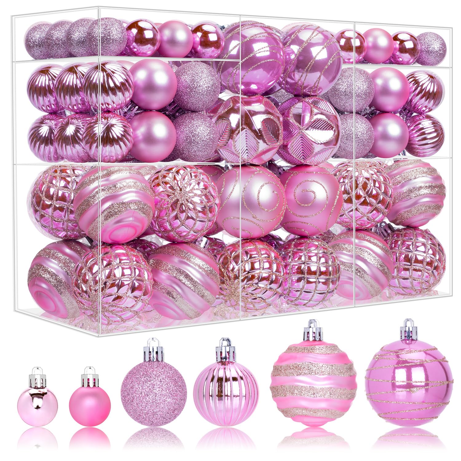Photo 1 of 100 Pack Pink Christmas Ball Ornaments Set, Hand-Painted Shatterproof Hanging Decorations, Assorted Baubles Bulk for Xmas Tree Wreath, Winter Holiday Home Party Decor