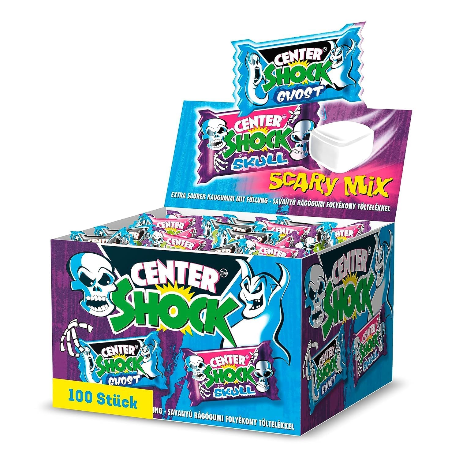 Center Shock Scary Mix, Box mit 100 Kaugummis, extra-sauer mit verschiedenen Sorten, ideal für Geburtstag, Pinata, Candy-Bar, Schultüte und Weihnachten, 400g