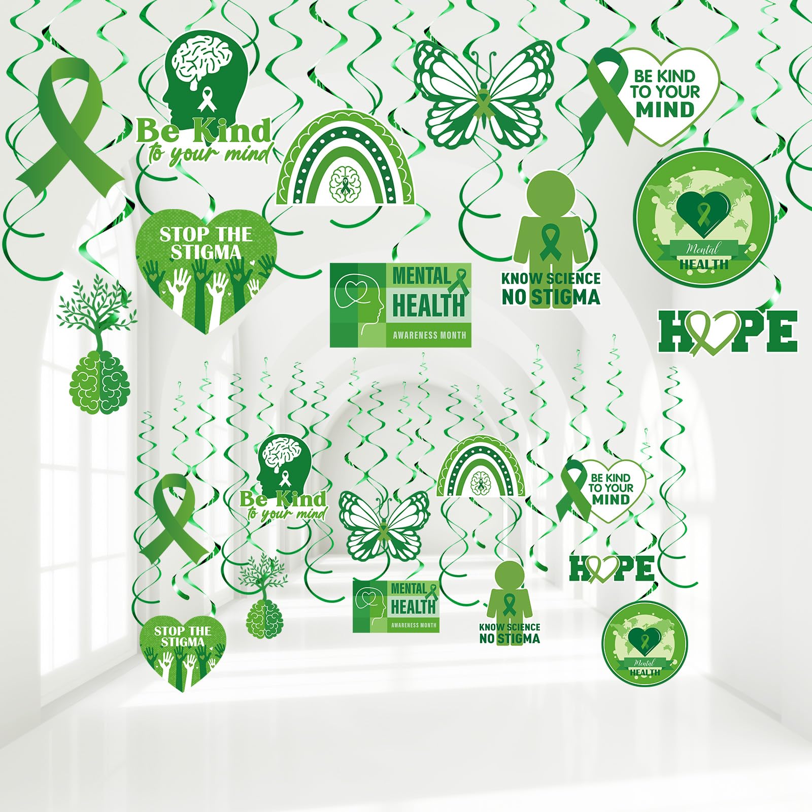 Photo 1 of Clabby 52 Pcs Mental Health Awareness Month Decor Double-Sided Mental Health Month Hanging Swirls Motivational Green Awareness Ceiling Decor for Office Charitable Activities Celebration Supplies