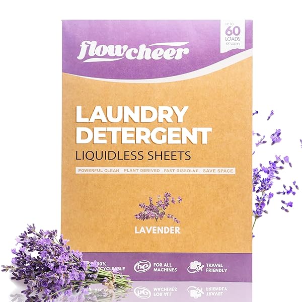 FLOWCHEER LAUNDRY DETERGENT SHEETS, 60 LOADS, CLOTHES WASHING SOAP STRIPS FOR COLD WATER, PLASTIC-FREE & SUSTAINABLE LAVENDER