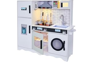 LIL' JUMBL Lil’ Jumbl Kids Kitchen Set, Pretend Wooden Play Kitchen, Battery Operated Icemaker, Microwave, Range Hood, Stove Top, Oven, with Realistic Sound & Lights, Pots, Pan, & Utensils Included