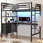 Twin Size Loft Bed with L-Shaped Desk, LED Lights,Charging Station, Industrial Heavy Duty Metal Loft Bed Frame with 3 Storage Shelves and 3 Fabric Drawers, Safety Guard &amp; Ladder, Vintage Brown
