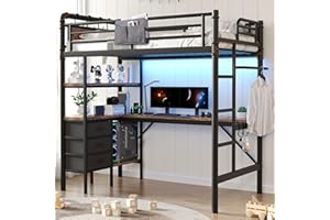 JOCOEVOL Twin Size Loft Bed with L-Shaped Desk, LED Lights,Charging Station, Industrial Heavy Duty Metal Loft Bed Frame with 3 Storage Shelves and 3 Fabric Drawers, Safety Guard & Ladder, Vintage Brown