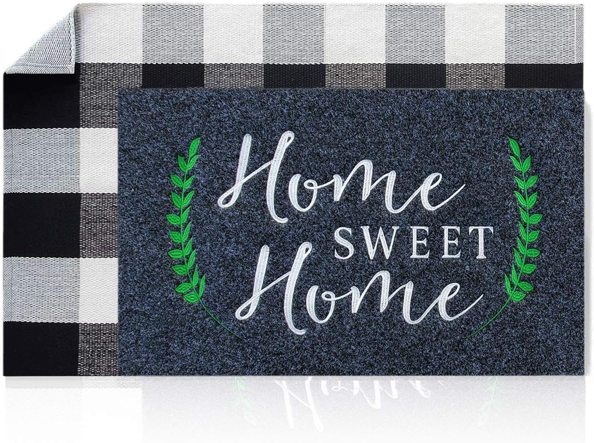 LAN SHAN QUE Door Mat Combo Set Welcome Mat Outdoor Indoor 18”x28” Home Sweet Home Non Slip Backing+Buffalo Plaid Rug 24”x51” Black and White for Layered Easy Clean Decorative Entrance Front Door Mat