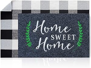 LAN SHAN QUE Door Mat Combo Set Welcome Mat Outdoor Indoor 18”x28” Home Sweet Home Non Slip Backing+Buffalo Plaid Rug 24”x51” Black and White for Layered Easy Clean Decorative Entrance Front Door Mat