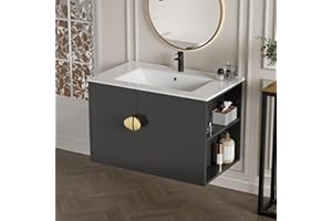Findepot 30 Inch Floating Vanity Bathroom with Sink, Black Bathroom Vanity Cabinet Combo with Ceramics Sink Top, Soft Close Cabinet Door & Open Storage Right Shelf, Modern Wall Mounted Vanity