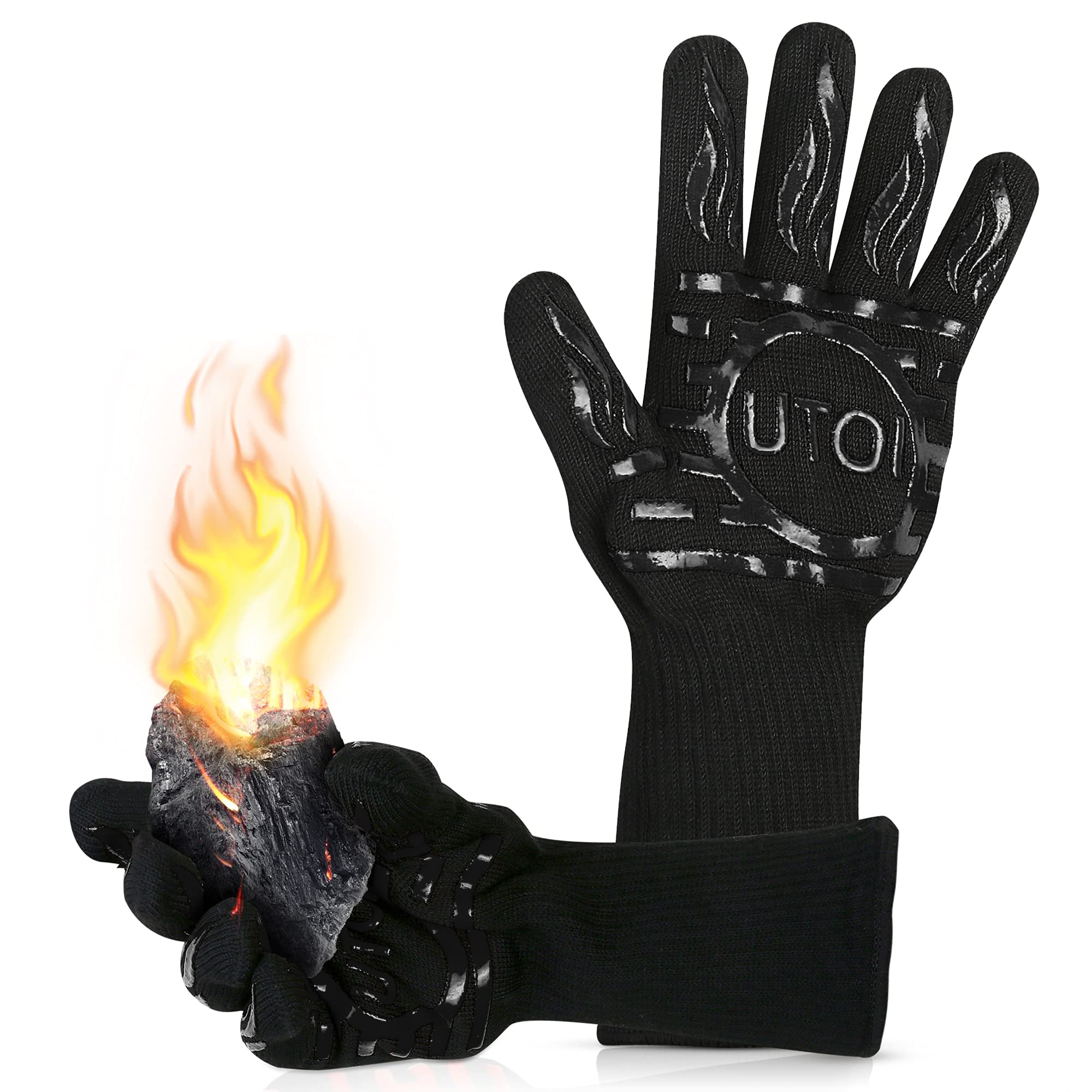 UTOI BBQ Gloves, Oven Gloves with Fingers, 1472°F Heat Resistant Silicone Non-Slip Cooking Gloves for Kitchen, Grilling and Baking, EN407 Certified, 13 inch Long, XL Size, Black, 1 Pair