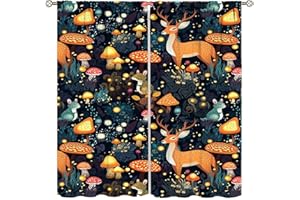 ICMOLYYENLO Kids Blackout Curtains Mushroom Forest Cute Wild Animals Plants Flowers Cartoon Children's Room Bedroom Printed Curtains 42x45 Inches 2 Panels